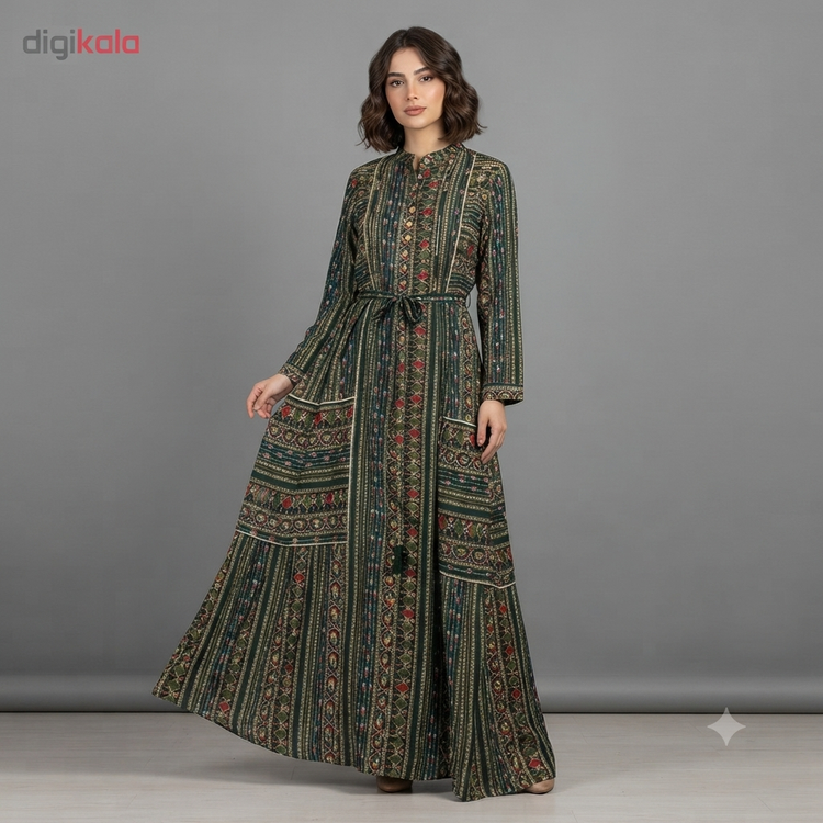 پیراهن نخی ملیله دوزی زنانه بلند کمربند دار وارداتی