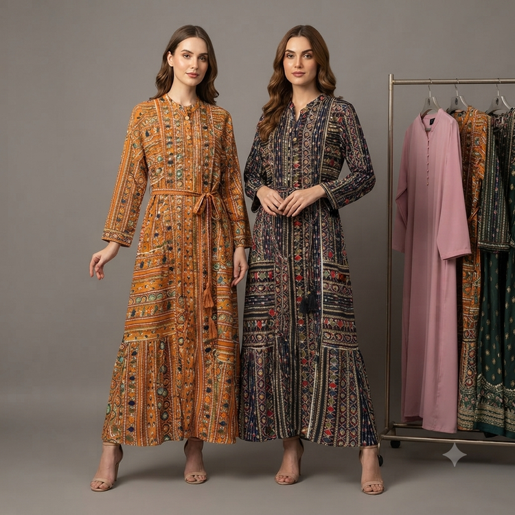 پیراهن نخی ملیله دوزی زنانه بلند کمربند دار وارداتی