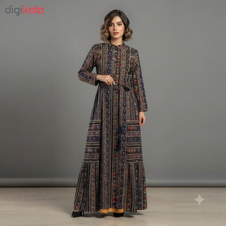 پیراهن نخی ملیله دوزی زنانه بلند کمربند دار وارداتی