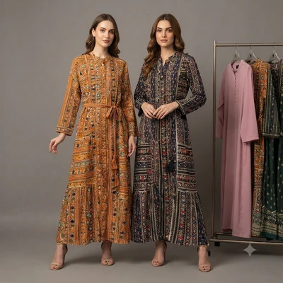 پیراهن نخی ملیله دوزی زنانه بلند کمربند دار وارداتی