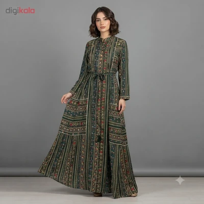 پیراهن نخی ملیله دوزی زنانه بلند کمربند دار وارداتی