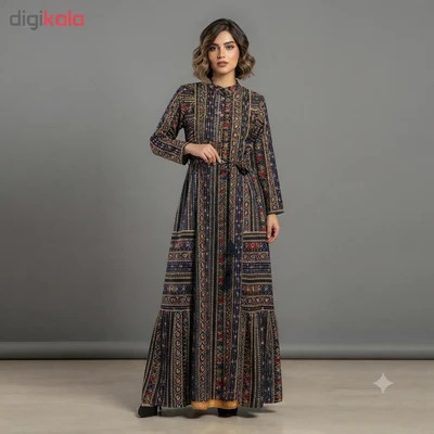 پیراهن نخی ملیله دوزی زنانه بلند کمربند دار وارداتی